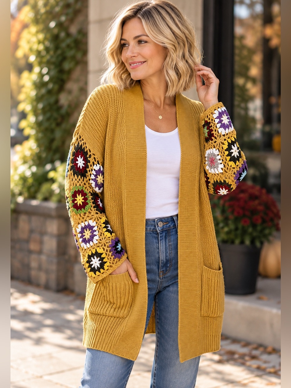 Blakeley Mustard Granny Square Crochet Sleeve Cardigan Petite Small